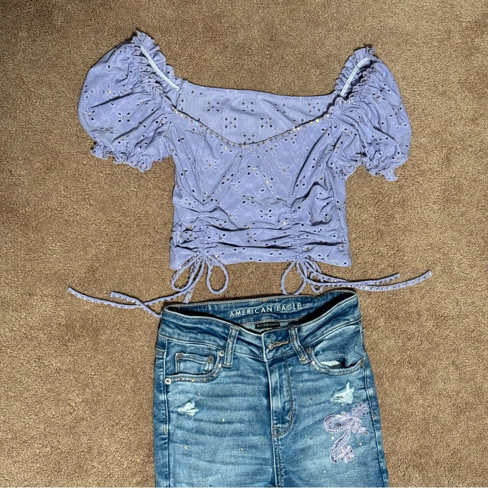 Tap costume purple top and jeggings. Rhinestones and applique added.